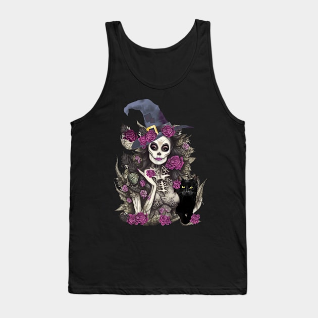 Witch and cat for cute Halloween, purple roses,scary, spooky Tank Top by Collagedream
